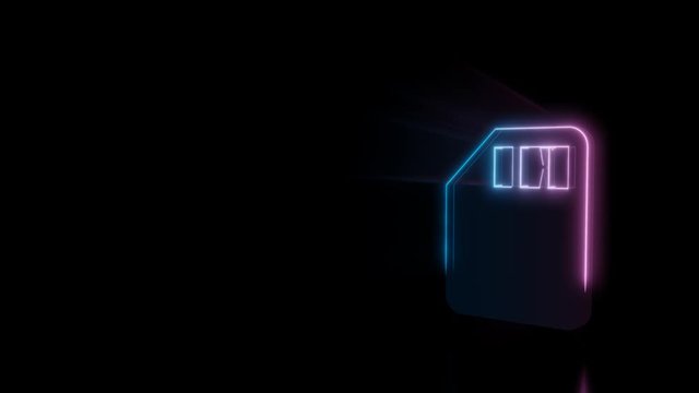 Abstract 3d rendering glowing blue purple neon symbol of memory card with glowing outlines with rays on black background with reflection
