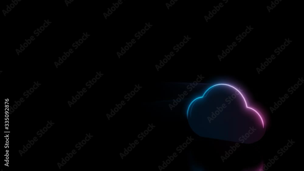 Poster abstract 3d rendering glowing blue purple neon symbol of cloud with glowing outlines with rays on bl
