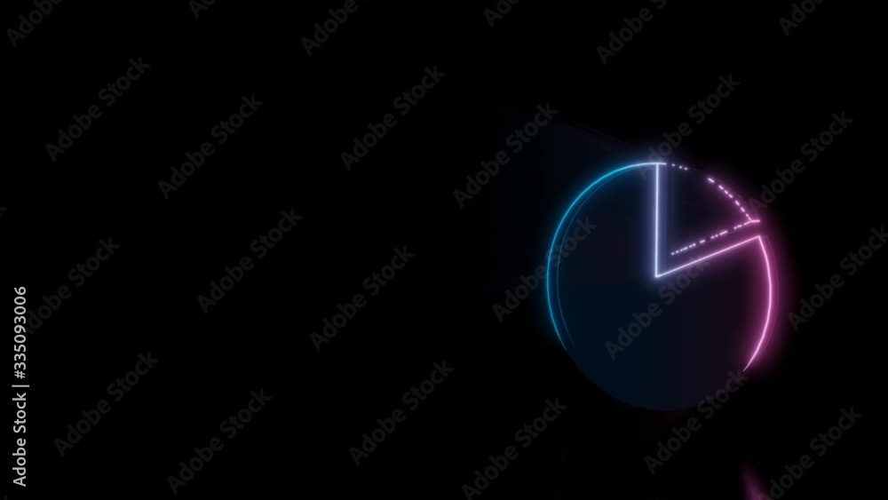 Poster abstract 3d rendering glowing blue purple neon symbol of pie chart with glowing outlines with rays o