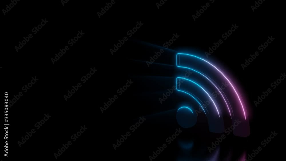 Poster abstract 3d rendering glowing blue purple neon symbol of rss icon with glowing outlines with rays on