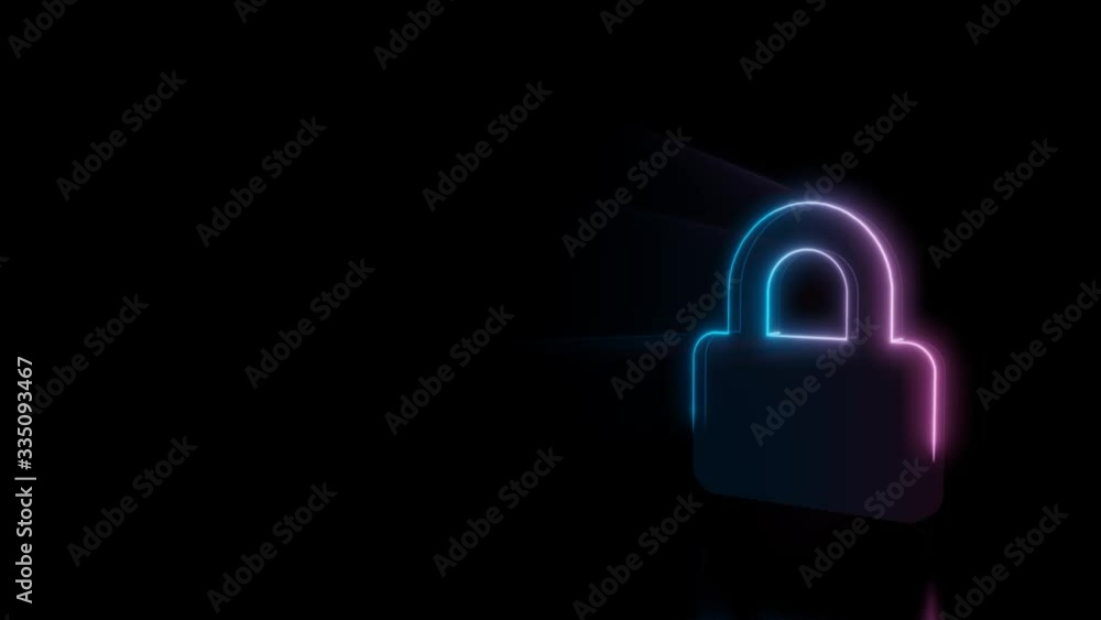 Poster abstract 3d rendering glowing blue purple neon symbol of lock with glowing outlines with rays on bla