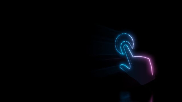 Abstract 3d rendering glowing blue purple neon symbol of hand with touch gesture with glowing outlines with rays on black background with reflection