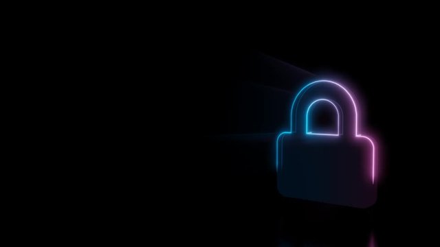 Abstract 3d rendering glowing blue purple neon symbol of lock with glowing outlines with rays on black background with reflection