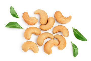 Roasted Cashew nuts isolated on white background with clipping path and full depth of field. Top view. Flat lay