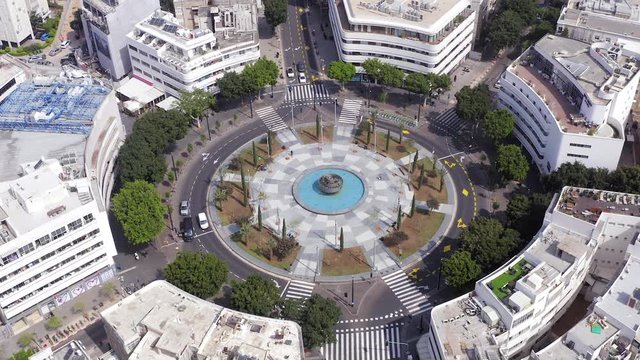 Corona Virus lockdown, Tel Aviv Dizengoff square, Aerial view or the square and surrounding buildings during Government lockdown guidelines.
