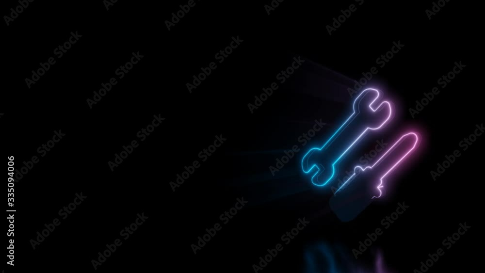 Poster abstract 3d rendering glowing blue purple neon symbol of french key and screwdriver with glowing out