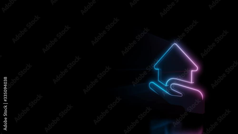 Poster abstract 3d rendering glowing blue purple neon symbol of house in hand with glowing outlines with ra