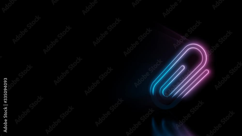 Poster abstract 3d rendering glowing blue purple neon symbol of paper clip as attachment with glowing outli