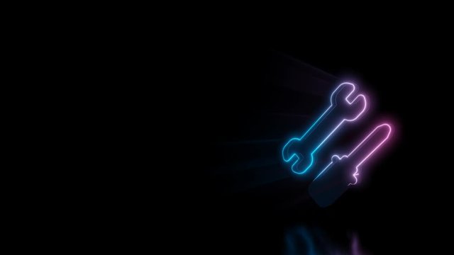 Abstract 3d rendering glowing blue purple neon symbol of french key and screwdriver with glowing outlines with rays on black background with reflection
