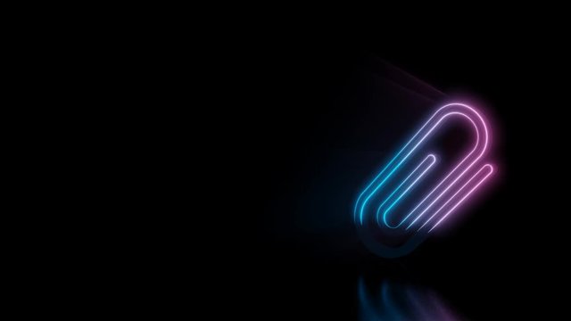 Abstract 3d rendering glowing blue purple neon symbol of paper clip as attachment  with glowing outlines with rays on black background with reflection