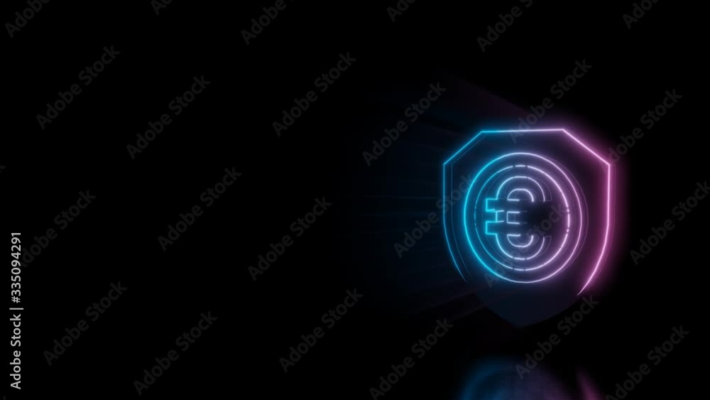Poster abstract 3d rendering glowing blue purple neon symbol of shield with euro inside with glowing outlin