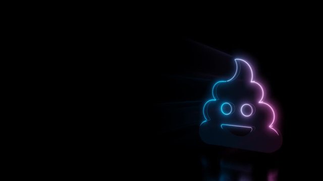 Abstract 3d rendering glowing blue purple neon symbol of poo emoticon with glowing outlines with rays on black background with reflection