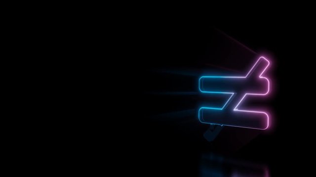 Abstract 3d rendering glowing blue purple neon symbol of not equal symbol with glowing outlines with rays on black background with reflection