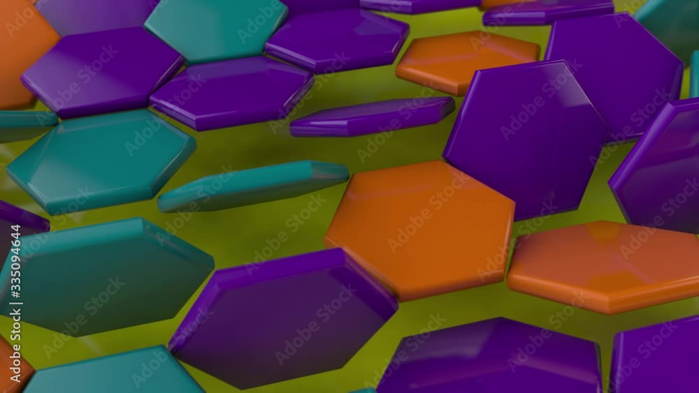 Poster 3d animation of a geometric multicolored background of many hexagons randomly rotating. animation of