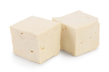 diced tofu cheese isolated on white background with clipping path and full depth of field,