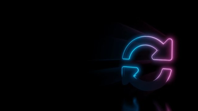 Abstract 3d rendering glowing blue purple neon symbol of upload circular arrows with glowing outlines with rays on black background with reflection