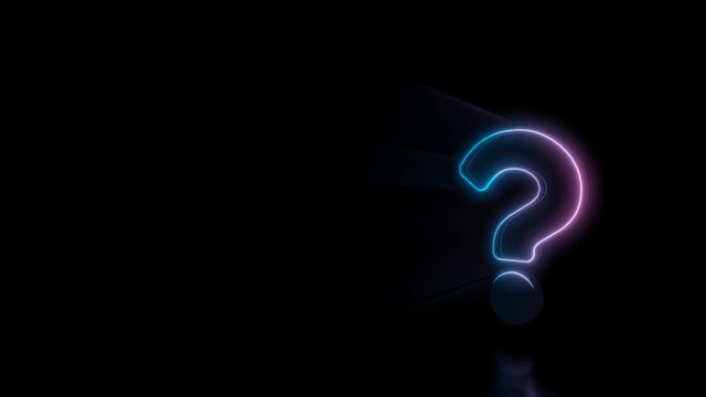 Abstract 3d rendering glowing blue purple neon symbol of question mark with glowing outlines with rays on black background with reflection