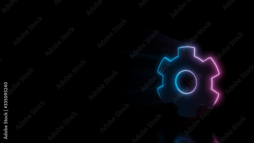 Poster abstract 3d rendering glowing blue purple neon symbol of cogwheel with glowing outlines with rays on