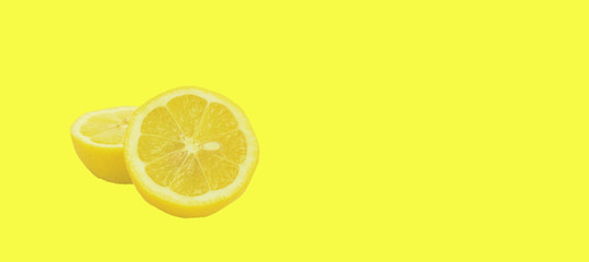 sliced lemon fruit on a lemon color background, advertisement banner concept