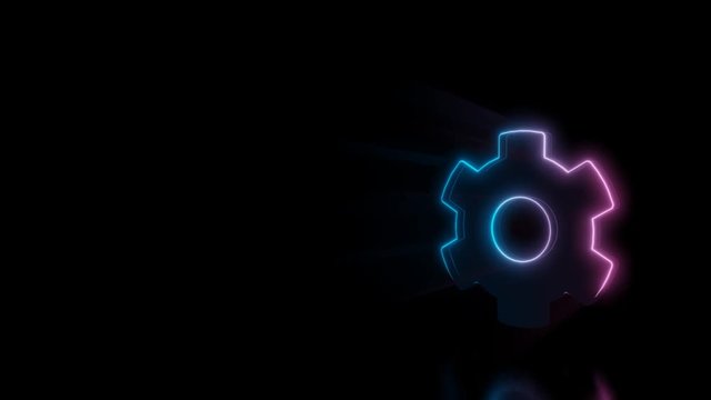 Abstract 3d rendering glowing blue purple neon symbol of cogwheel with glowing outlines with rays on black background with reflection