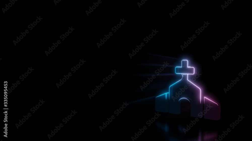 Poster abstract 3d rendering glowing blue purple neon symbol of church with central part with cross on top 