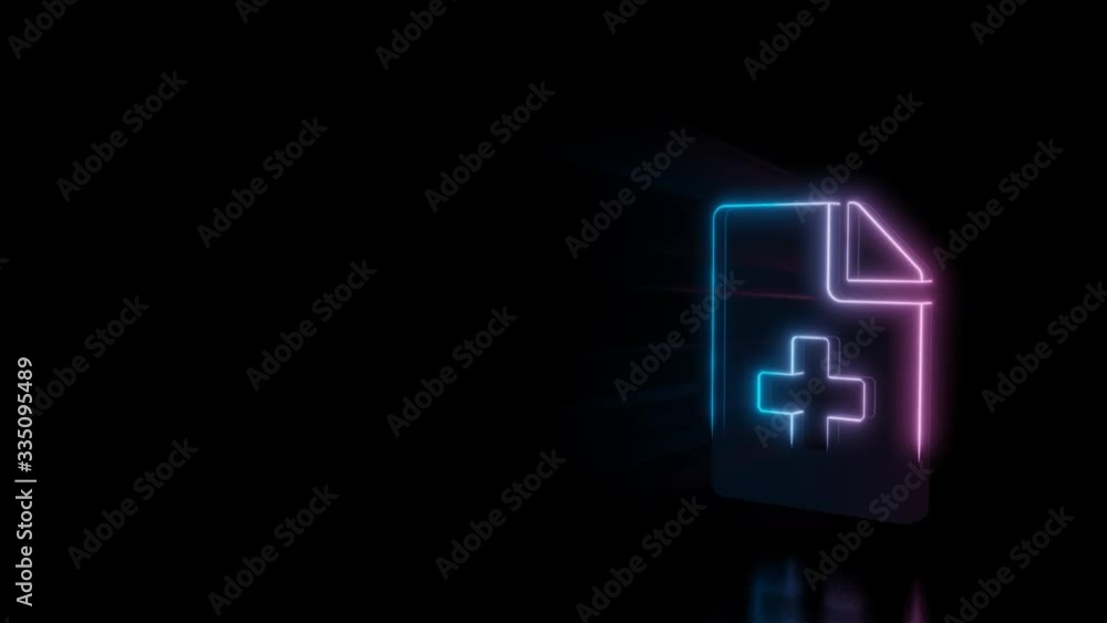 Poster abstract 3d rendering glowing blue purple neon symbol of paper with bent corner and cross symbol wit