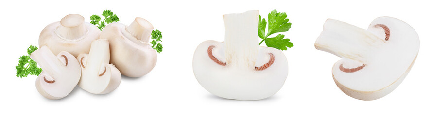 Fototapeta premium Fresh mushrooms champignon isolated on white background with clipping path and full depth of field. Set or collection