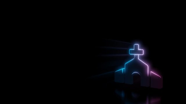 Abstract 3d rendering glowing blue purple neon symbol of church with central part with cross on top with glowing outlines with rays on black background with reflection