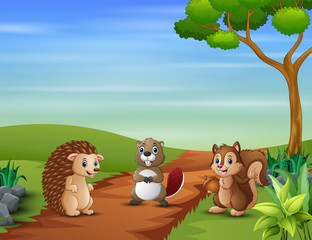 Scene with many animals at nature background