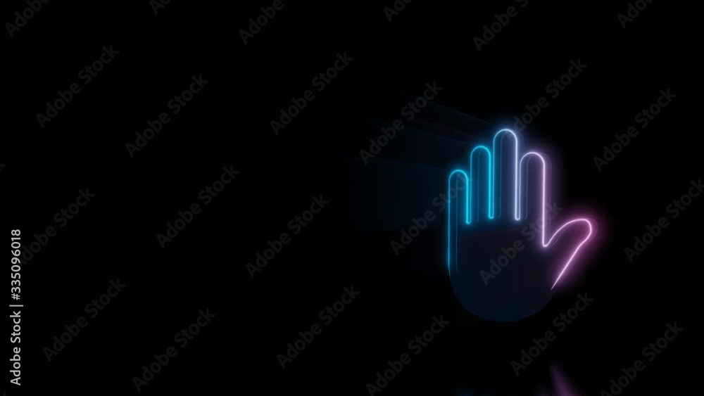 Poster abstract 3d rendering glowing blue purple neon symbol of hand with glowing outlines with rays on bla