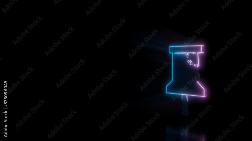 Poster abstract 3d rendering glowing blue purple neon symbol of pin with glowing outlines with rays on blac