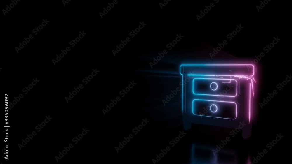 Poster Abstract 3d rendering glowing blue purple neon symbol of bedside table with two shelfs with glowing outlines with rays on black background with reflection