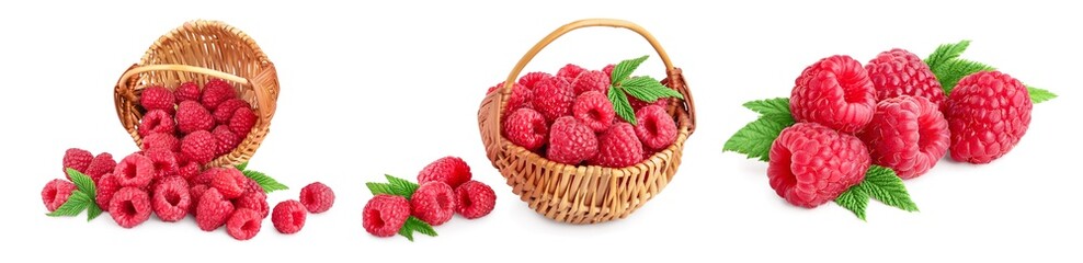 Ripe raspberries with leaf isolated on a white background, Set or collection