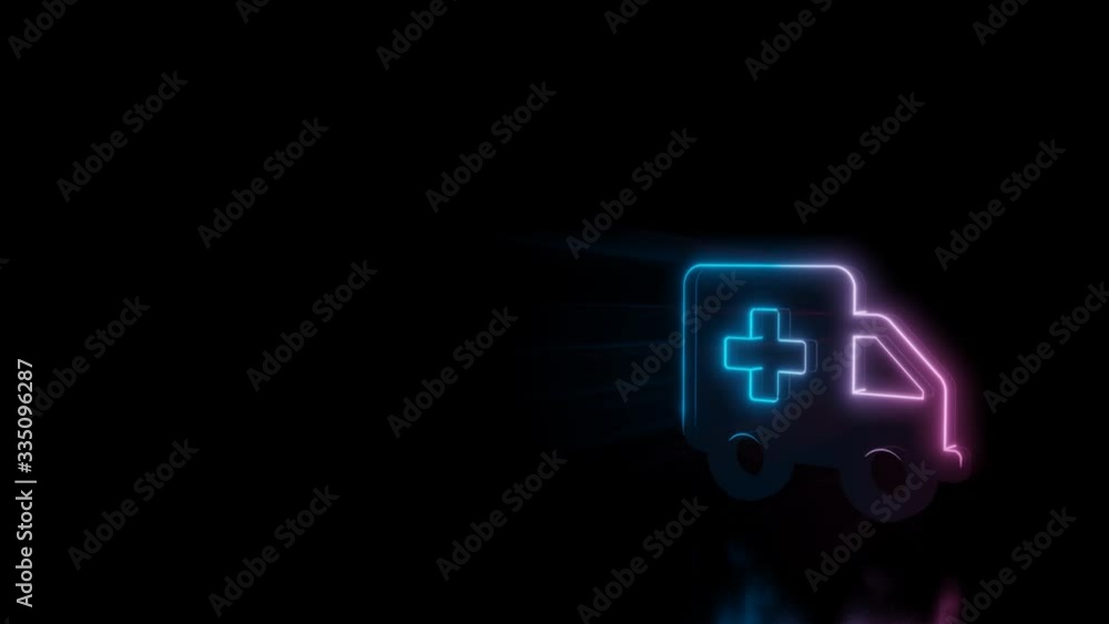 Poster abstract 3d rendering glowing blue purple neon symbol of ambulance with glowing outlines with rays o