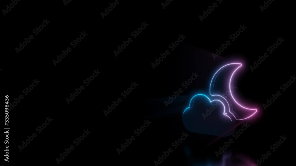 Poster abstract 3d rendering glowing blue purple neon symbol of cloud partly covers moon with glowing outli