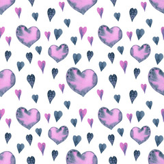 watercolor hand painted tender pattern with pink&indigo hearts