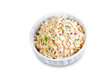 Canned Tuna red onion egg salad on a white isolated background