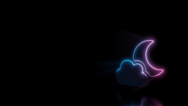 Abstract 3d rendering glowing blue purple neon symbol of cloud partly covers moon with glowing outlines with rays on black background with reflection