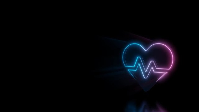Abstract 3d rendering glowing blue purple neon symbol of heart with pulse curve with glowing outlines with rays on black background with reflection
