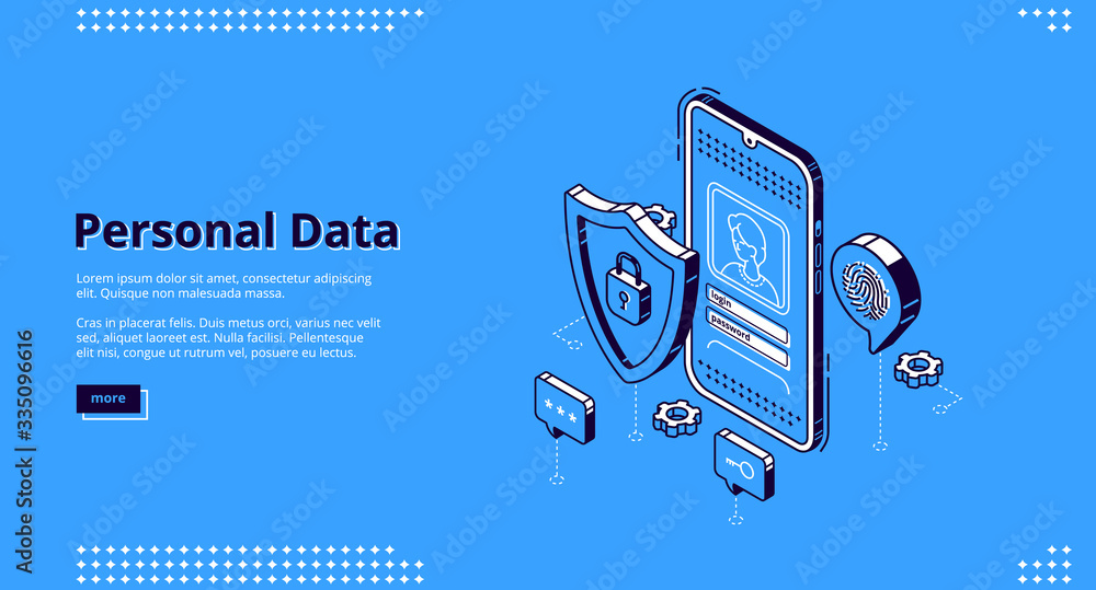 Poster personal data isometric landing page. online access login and password enter page on smartphone scre