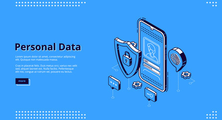 Personal data isometric landing page. Online access login and password enter page on smartphone screen, user account verification and privacy, website register form. 3d vector line art web banner.