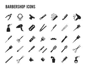 Big barbershop set icons. Black and white vector illustration.