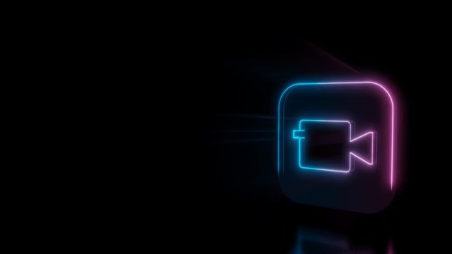 Abstract 3d rendering glowing blue purple neon icon of camera app on iOS style with glowing outlines with rays on black background with reflection