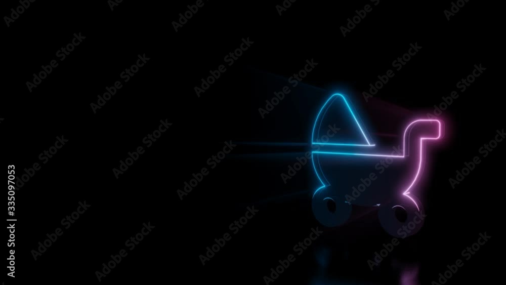 Poster abstract 3d rendering glowing blue purple neon symbol of baby carriage with two wheels towards left 