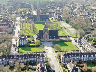 Aerial view of Hampstead Garden Suburb and St. Jude's Church, elevated suburb of London. UK