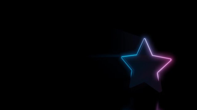 Abstract 3d rendering glowing blue purple neon symbol of star with sharp points with glowing outlines with rays on black background with reflection