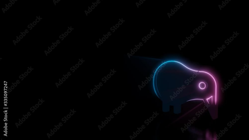 Poster abstract 3d rendering glowing blue purple neon symbol of kiwi bird with glowing outlines with rays o