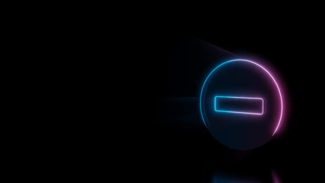 Abstract 3d rendering glowing blue purple neon symbol of bold minus symbol in circle with glowing outlines with rays on black background with reflection