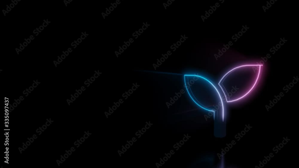 Poster abstract 3d rendering glowing blue purple neon symbol of two leaves with glowing outlines with rays 
