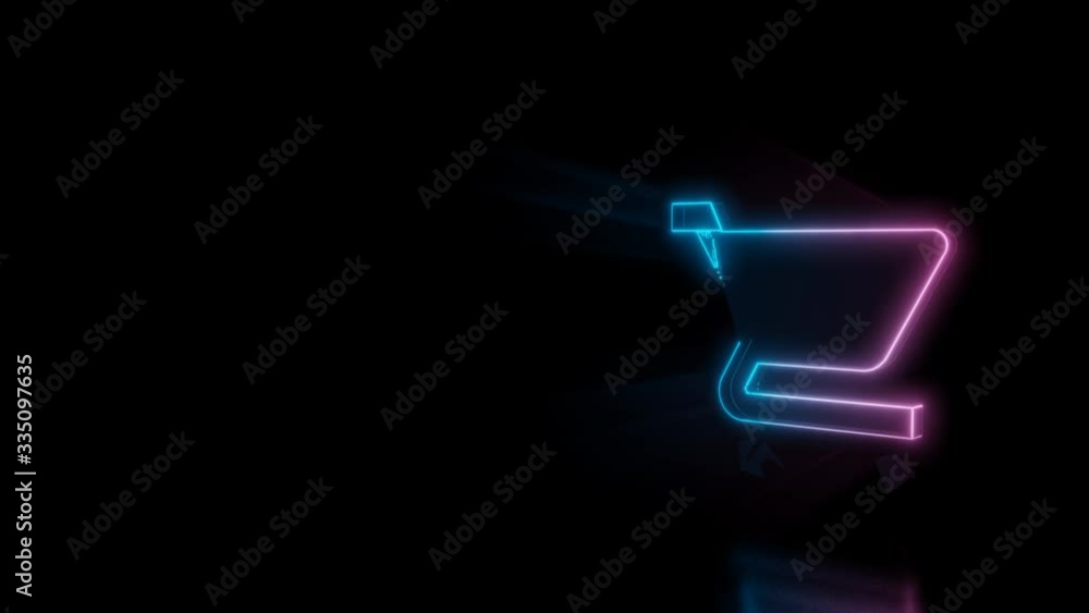 Poster abstract 3d rendering glowing blue purple neon symbol of cart with glowing outlines with rays on bla